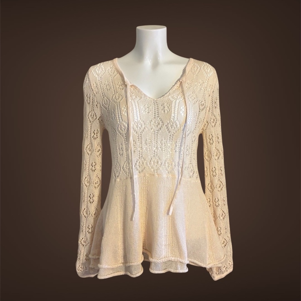 Women's "C" Crochet Knit Sweater Top, Keyhole, Cream Color, Size Medium